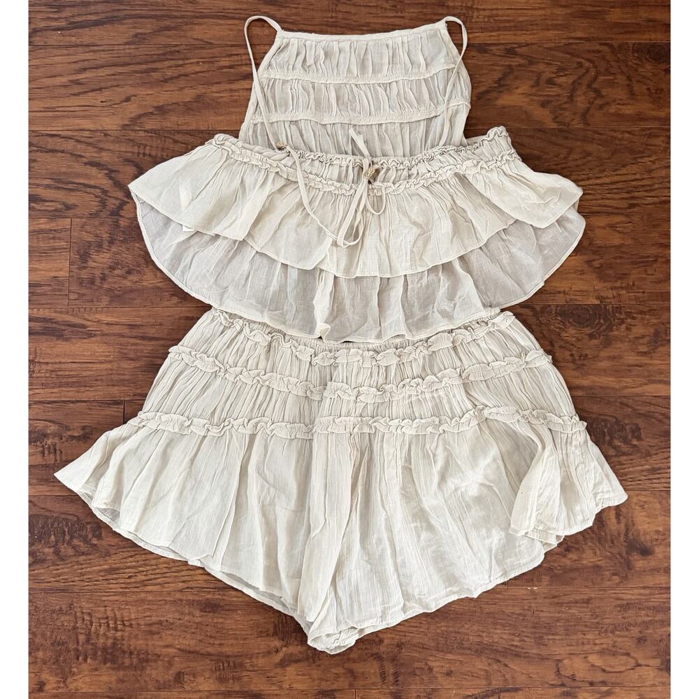 Free People Free- est Boho Gauze Ruffle Two Piece Set Beige Short/Top Cottage - Picture 4 of 8